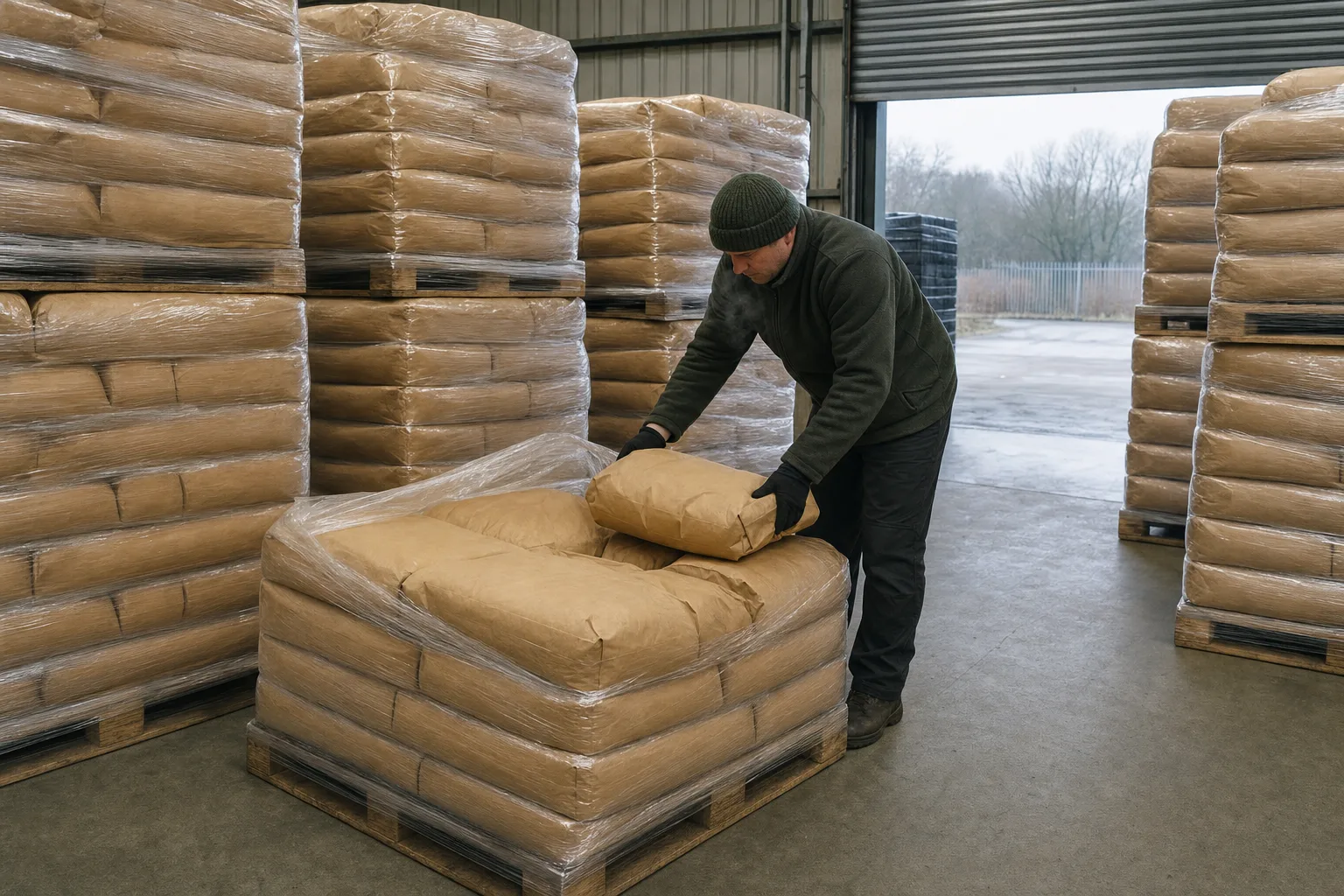 Pallets of sacked bait stacked in a cold store at a fishery supply depot